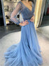 Long Sleeves A Line Blue Tulle Sequins Open Back Prom Dress LBQ3712